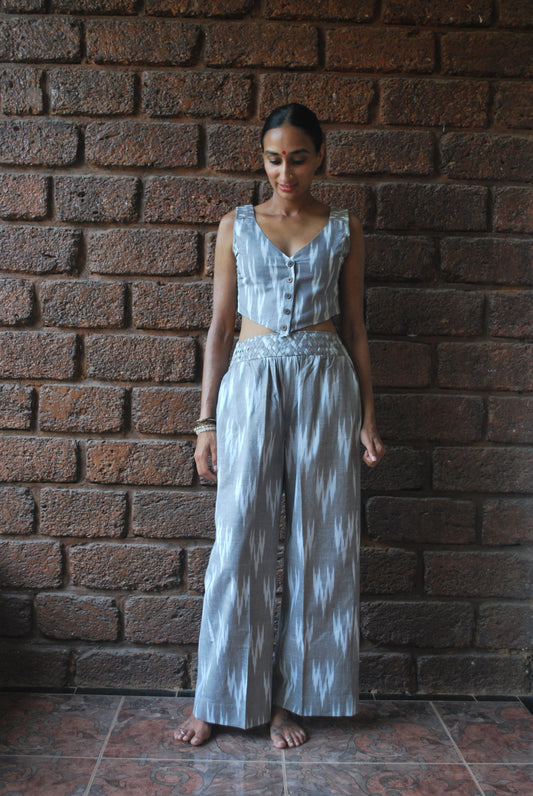 'jhagjhagu' ikat wide-leg pants with waist weaving