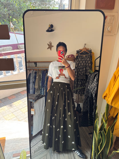 'raindrops' tie & dye olive skirt