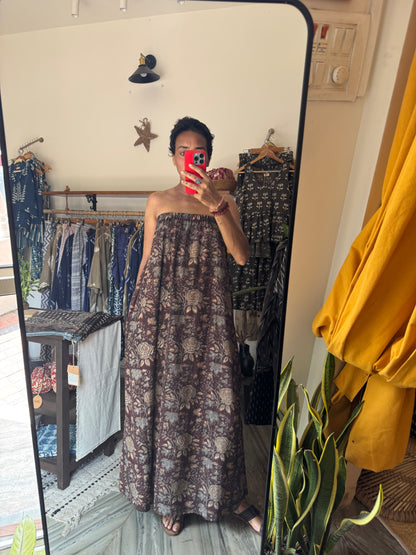 'after sunset auntie dress' in brown floral block print