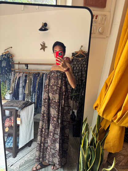 'after sunset auntie dress' in brown floral block print