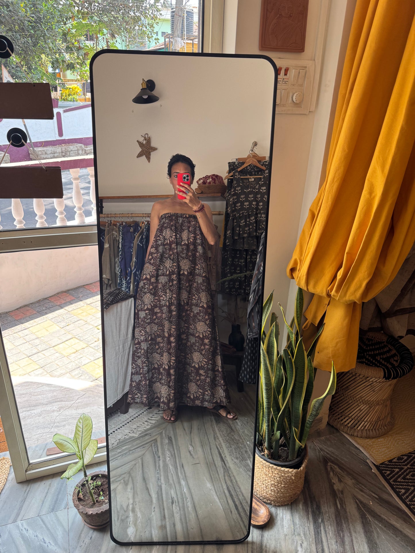 'after sunset auntie dress' in brown floral block print