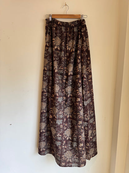 'after sunset auntie dress' in brown floral block print