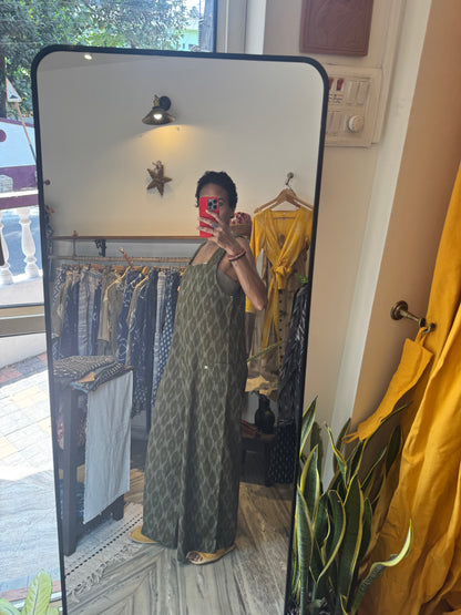 'pavasa' ikat jumpsuit with shoulder-strap weaving