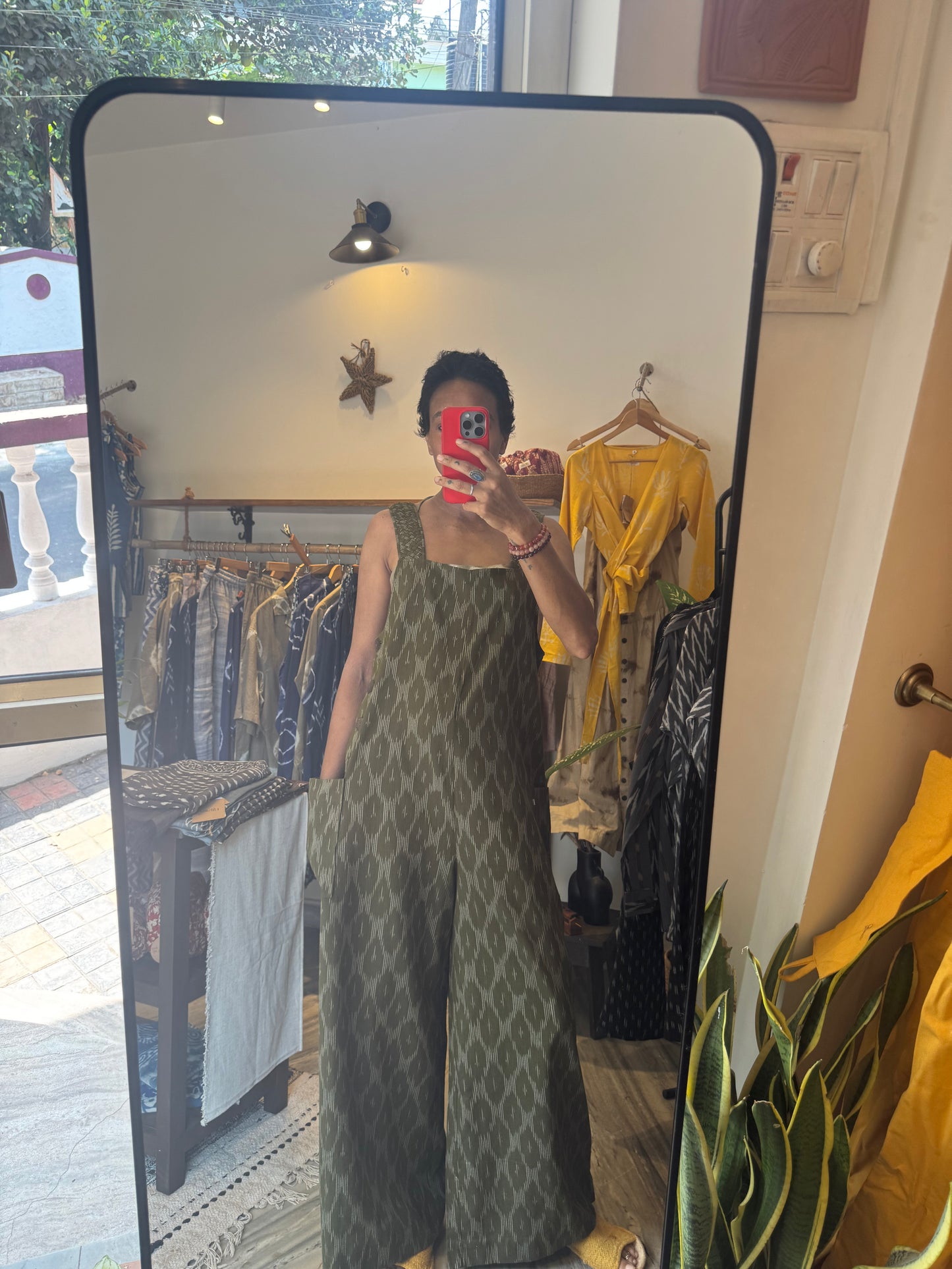'pavasa' ikat jumpsuit with shoulder-strap weaving