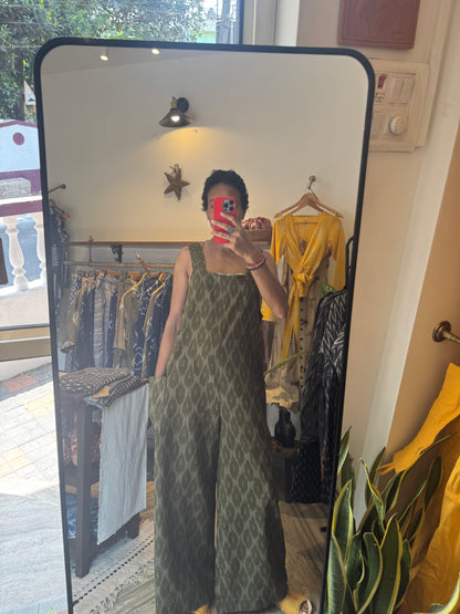 'pavasa' ikat jumpsuit with shoulder-strap weaving