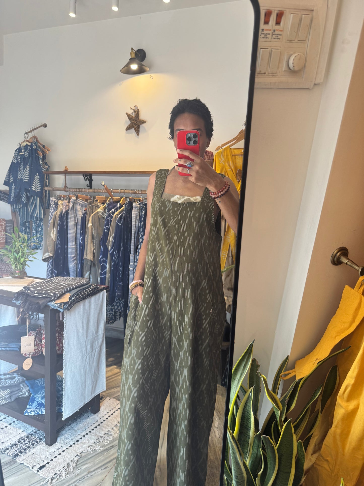 'pavasa' ikat jumpsuit with shoulder-strap weaving