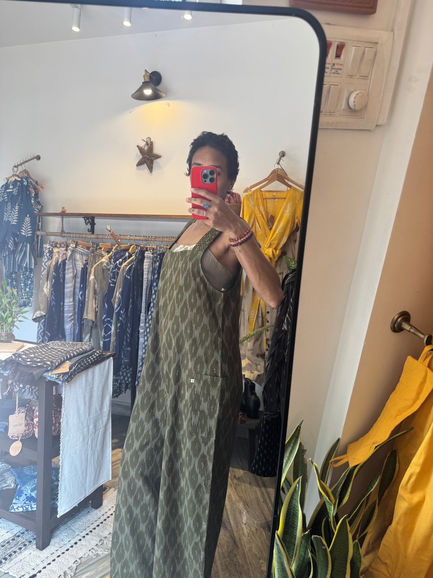 'pavasa' ikat jumpsuit with shoulder-strap weaving
