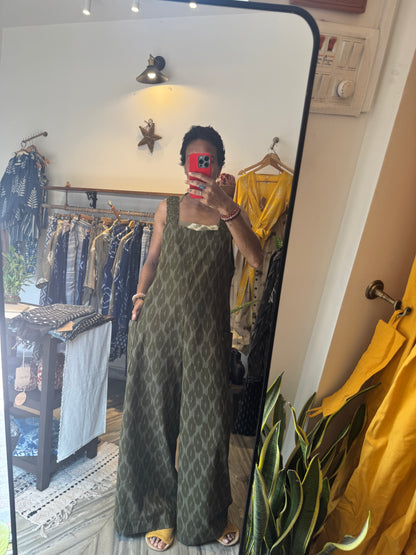 'pavasa' ikat jumpsuit with shoulder-strap weaving